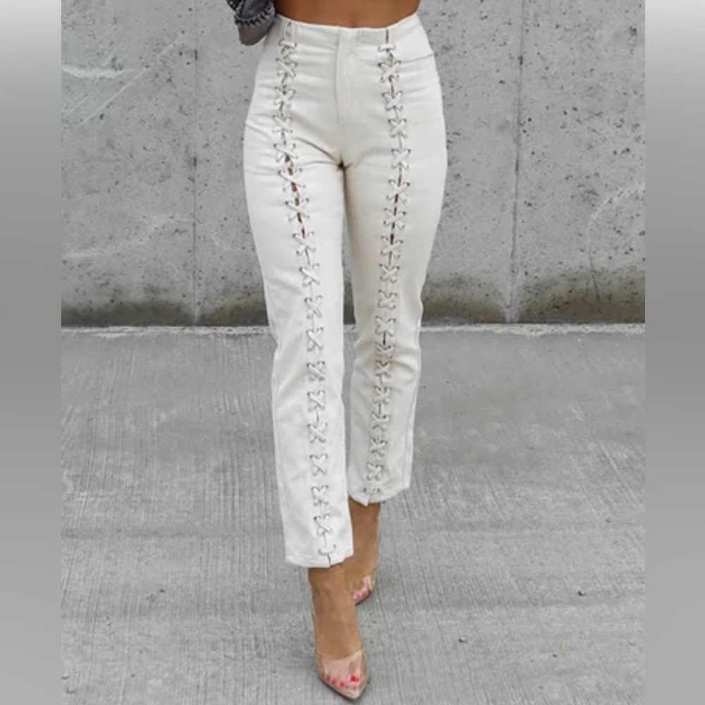 Stylish Cream Lace-Up Pants